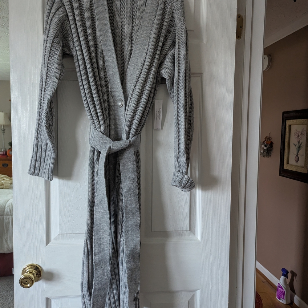 Gray Knit Belted Cardigan